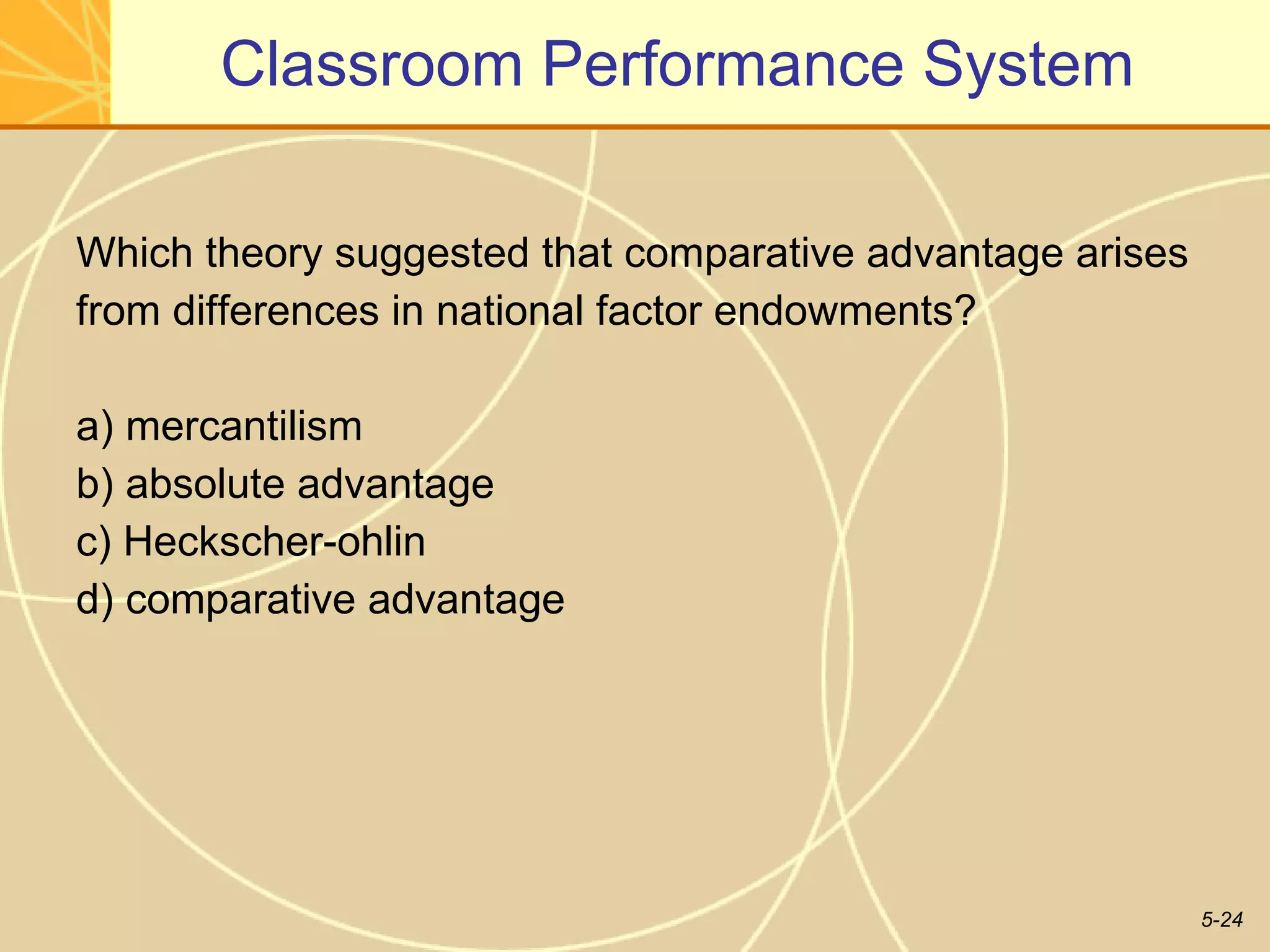 Classroom Performance System Which theory suggested that comparative advantage arises  from differences in national factor endowments? a) mercantilism b) absolute advantage c) Heckscher-ohlin d) comparative advantage  
