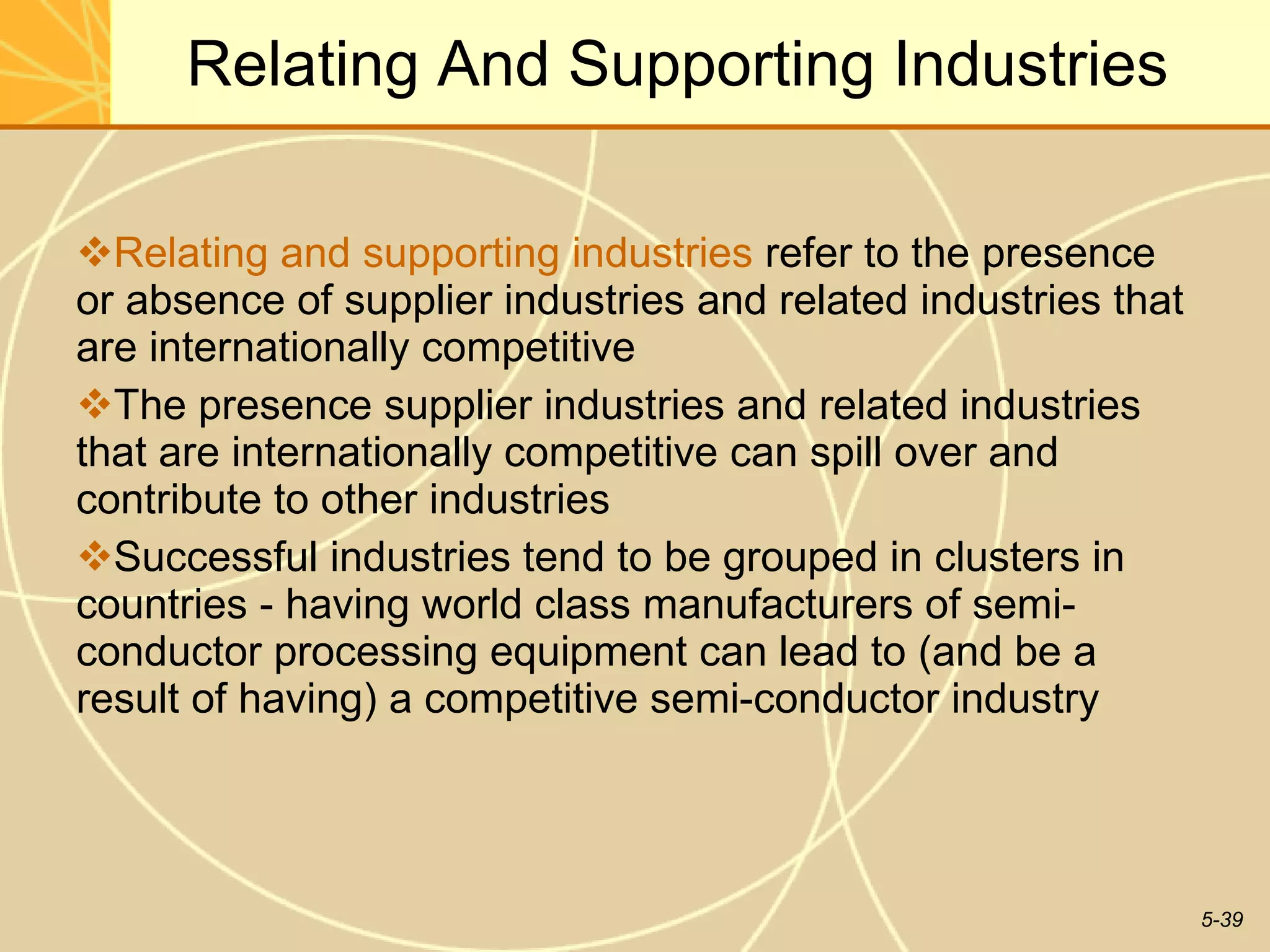 Relating And Supporting Industries Relating and supporting industries  refer to the presence or absence of supplier industries and related industries that are internationally competitive The presence supplier industries and related industries that are internationally competitive can spill over and contribute to other industries Successful industries tend to be grouped in clusters in countries - having world class manufacturers of semi-conductor processing equipment can lead to (and be a result of having) a competitive semi-conductor industry  