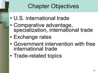 Chapter Objectives U.S. international trade Comparative advantage, specialization, international trade Exchange rates Government intervention with free international trade Trade-related topics 5- 