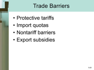 Trade Barriers Protective tariffs Import quotas Nontariff barriers Export subsidies 5- 
