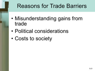 Reasons for Trade Barriers Misunderstanding gains from trade Political considerations Costs to society 5- 