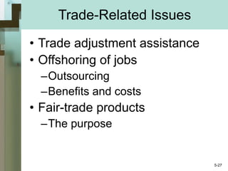 Trade-Related Issues Trade adjustment assistance Offshoring of jobs Outsourcing Benefits and costs Fair-trade products The purpose 5- 