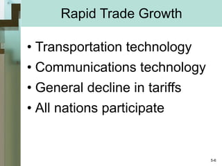 Rapid Trade Growth Transportation technology Communications technology General decline in tariffs All nations participate 5- 
