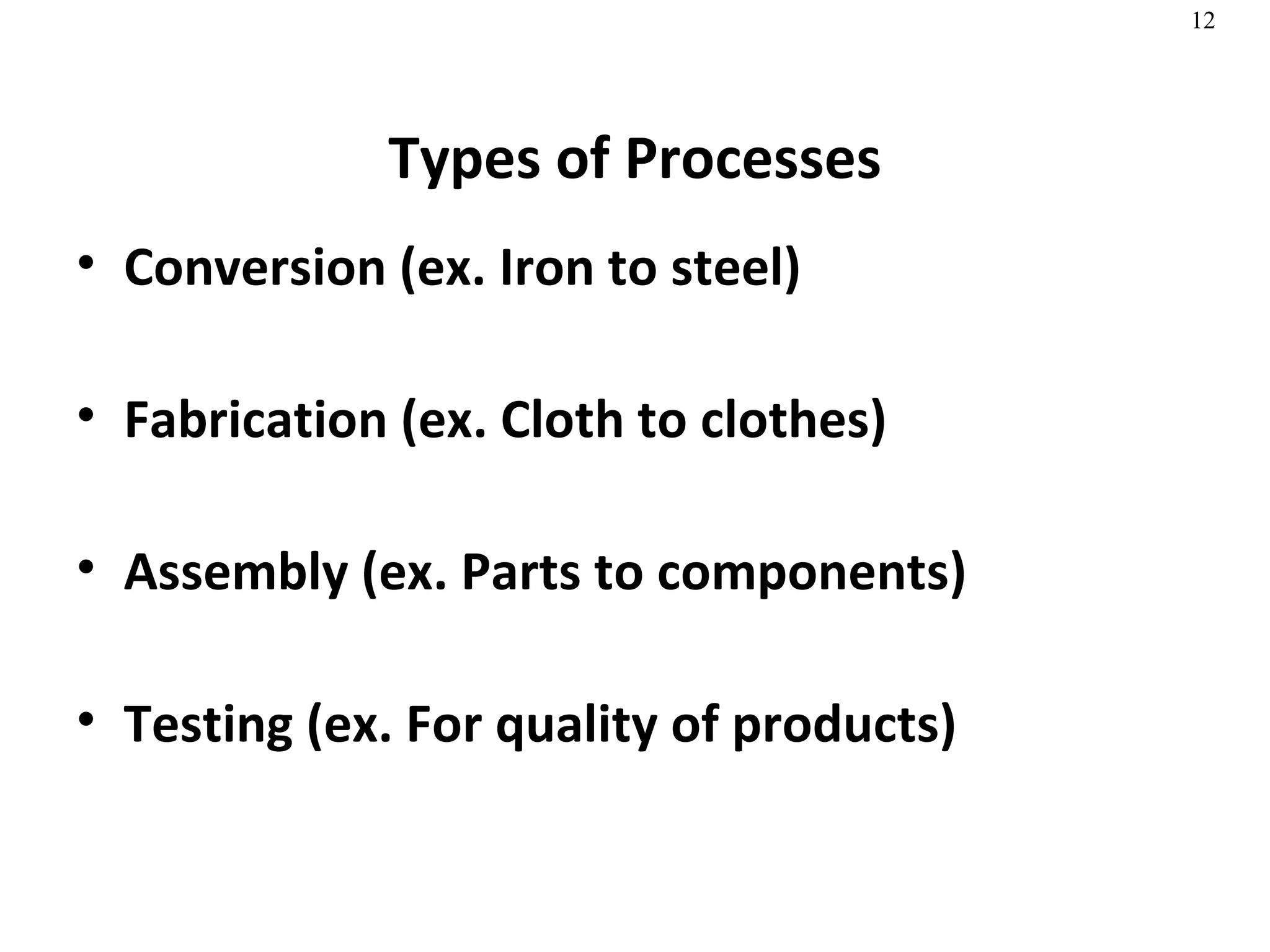 Types of Processes Conversion (ex. Iron to steel) Fabrication (ex. Cloth to clothes)  Assembly (ex. Parts to components) Testing (ex. For quality of products) 