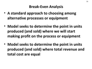 Break-Even Analysis A standard approach to choosing among alternative processes or equipment Model seeks to determine the point in units produced (and sold) where we will start making profit on the process or equipment  Model seeks to determine the point in units produced (and sold) where total revenue and total cost are equal  