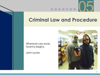 C H A P T E R
                                     05
 Criminal Law and Procedure



Wherever Law ends,
Tyranny begins.

John Locke




                                          5-1
 