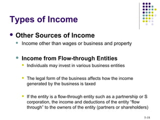 5-18
 Other Sources of Income
 Income other than wages or business and property
 Income from Flow-through Entities
 Individuals may invest in various business entities
 The legal form of the business affects how the income
generated by the business is taxed
 If the entity is a flow-through entity such as a partnership or S
corporation, the income and deductions of the entity “flow
through” to the owners of the entity (partners or shareholders)
Types of Income
 