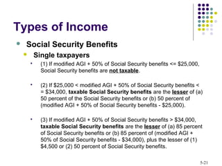 5-21
 Social Security Benefits
 Single taxpayers
 (1) If modified AGI + 50% of Social Security benefits <= $25,000,
Social Security benefits are not taxable.
 (2) If $25,000 < modified AGI + 50% of Social Security benefits <
= $34,000, taxable Social Security benefits are the lesser of (a)
50 percent of the Social Security benefits or (b) 50 percent of
(modified AGI + 50% of Social Security benefits - $25,000).
 (3) If modified AGI + 50% of Social Security benefits > $34,000,
taxable Social Security benefits are the lesser of (a) 85 percent
of Social Security benefits or (b) 85 percent of (modified AGI +
50% of Social Security benefits - $34,000), plus the lesser of (1)
$4,500 or (2) 50 percent of Social Security benefits.
Types of Income
 