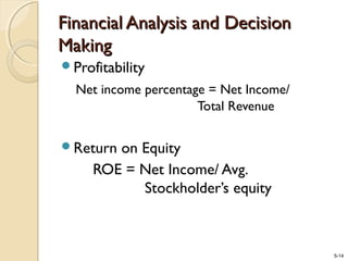 5-14
Financial Analysis and DecisionFinancial Analysis and Decision
MakingMaking
Profitability
Net income percentage = Net Income/
Total Revenue
Return on Equity
ROE = Net Income/ Avg.
Stockholder’s equity
 