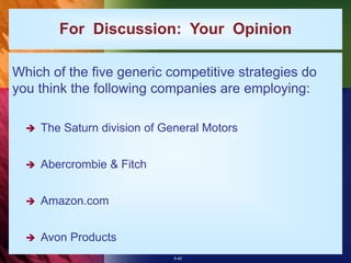 5-42
For Discussion: Your Opinion
Which of the five generic competitive strategies do
you think the following companies are employing:
 The Saturn division of General Motors
 Abercrombie & Fitch
 Amazon.com
 Avon Products
 
