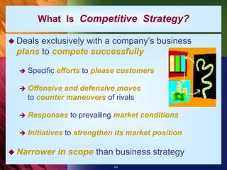 5-5
What Is Competitive Strategy?
 Deals exclusively with a company’s business
plans to compete successfully
 Specific efforts to please customers
 Offensive and defensive moves
to counter maneuvers of rivals
 Responses to prevailing market conditions
 Initiatives to strengthen its market position
 Narrower in scope than business strategy
 