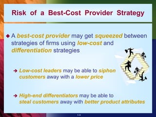 5-34
Risk of a Best-Cost Provider Strategy
 A best-cost provider may get squeezed between
strategies of firms using low-cost and
differentiation strategies
 Low-cost leaders may be able to siphon
customers away with a lower price
 High-end differentiators may be able to
steal customers away with better product attributes
 