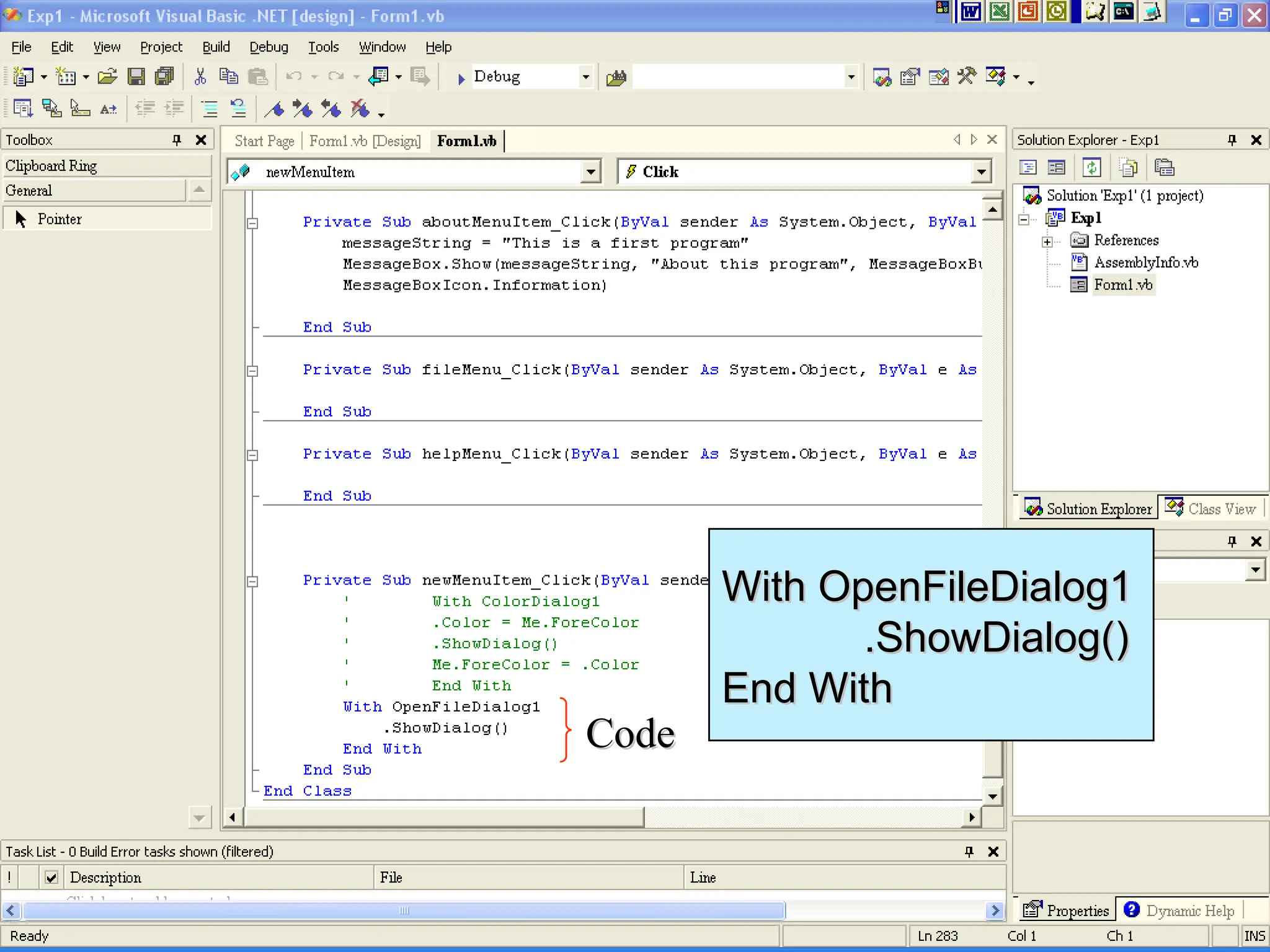 © 2005 by The McGraw-Hill Companies, Inc. All rights reserved.
5- 17
Code
Code
With OpenFileDialog1
With OpenFileDialog1
.ShowDialog()
.ShowDialog()
End With
End With
 