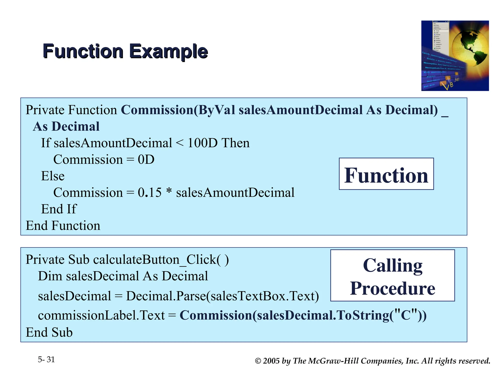 © 2005 by The McGraw-Hill Companies, Inc. All rights reserved.
5- 31
Function Example
Function Example
Private Sub calculateButton_Click( )
Dim salesDecimal As Decimal
salesDecimal = Decimal.Parse(salesTextBox.Text)
commissionLabel.Text = Commission(salesDecimal.ToString("C"))
End Sub
Calling
Procedure
Private Function Commission(ByVal salesAmountDecimal As Decimal) _
As Decimal
If salesAmountDecimal < 100D Then
Commission = 0D
Else
Commission = 0.15 * salesAmountDecimal
End If
End Function
Function
 