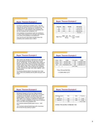 8
5-43
Bayes’ Theorem Example-2
EconOcon is planning its company picnic. The only
thing that will cancel the picnic is a thunderstorm. The
Weather Service has predicted dry conditions with
probability 0.2, moist conditions with probability 0.45,
and wet conditions with probability 0.35.
If the probability of a thunderstorm given dry conditions is
0.3, given moist conditions is 0.6, and given wet conditions
is 0.8, what is the probability of a thunderstorm?
If we know the picnic was indeed canceled, what is the
probability moist conditions were in effect?
5-44
Bayes’ Theorem Example-2
Event (E) P(E) P(Th/E) P(Th and E)
Dry 0.20 0.3 0.3x0.2=0.06
Moist 0.45 0.6 0.6x0.45=0.27
Wet 0.35 0.8 0.8x0.35=0.28
P(T)=0.61
443.0=
61.0
27.0
=
)Th(P
)ThandM(P
=)Th/M(P
5-45
Bayes’ Theorem Example-3
We A doctor has decided to prescribe two new drugs to
200 heart patients as follows: 50 get drug A, 50 get
drug B, 100 get both. The 200 patients were chosen so
that each had an 80% chance of having a heart attack
if given neither drug. Drug A reduces the probability of
a heart attack by 35%, drug B reduces the probability
by 20%, and the two drugs, when taken together, work
independently.
If a randomly selected patient in the program has a heart
attack, what is the probability that the patient was given both
drugs?
5-46
Bayes’ Theorem Example-3
Event P(E) P (H|E) P (H and E) P (E|H)
Drug-A 0.25 (0.8) (0.65) = 0.520 0.130 0.130/0.498 = 0.2610
Drug-B 0.25 (0.8) (0.80) = 0.640 0.160 0.160/0.498 = 0.3213
Both 0.50 (0.8)(0.65)(0.80) = 0.416 0.208 0.208/0.498 = 0.4177
P (H) = 0.498
Thus, P(A and B)| P(H)
= 0.208/0.498= 0.417
5-47
Bayes’ Theorem Example-4
A physical therapist at Enormous State University
knows that the football team will play 40% of its game
on artificial turf this season. He also Knows that a
football player’s chances of incurring a knee injury are
50% higher if he is playing on artificial turf instead of
grass. If a player’s probability of knee injury on artificial
turf is 0.42 what is the probability that
(a) A randomly selected football player incurs a knee
injury.
(b) A randomly selected football player with a knee injury
the incurred the injury playing on grass?
5-48
Bayes’ Theorem Example-4
Elementary Event
(E)
P(E) P(I/E) P(I and E)
Artificial (A) 0.40 0.42 0.168
Grass (G) 0.60 0.28 0.168
1.00 P(I) = 0.336
(b) P(G/I) = P(G and I)/P(I) = (0.168)/0.336 = 0.50
 