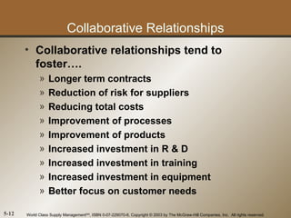 Collaborative Relationships
       • Collaborative relationships tend to
         foster….
             »    Longer term contracts
             »    Reduction of risk for suppliers
             »    Reducing total costs
             »    Improvement of processes
             »    Improvement of products
             »    Increased investment in R & D
             »    Increased investment in training
             »    Increased investment in equipment
             »    Better focus on customer needs

5-12   World Class Supply ManagementSM, ISBN 0-07-229070-6, Copyright © 2003 by The McGraw-Hill Companies, Inc. All rights reserved.
 