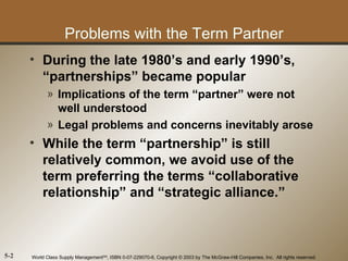 Problems with the Term Partner
      • During the late 1980’s and early 1990’s,
        “partnerships” became popular
            » Implications of the term “partner” were not
              well understood
            » Legal problems and concerns inevitably arose
      • While the term “partnership” is still
        relatively common, we avoid use of the
        term preferring the terms “collaborative
        relationship” and “strategic alliance.”



5-2   World Class Supply ManagementSM, ISBN 0-07-229070-6, Copyright © 2003 by The McGraw-Hill Companies, Inc. All rights reserved.
 