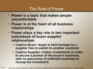 The Role of Power
       • Power is a topic that makes people
         uncomfortable
       • Power is at the heart of all business
         relationships
       • Power plays a key role in two important
         subclasses of buyer-supplier
         relationships:
             » Captive Buyer: buyer is held hostage by a
               supplier free to switch to another customer
             » Captive Supplier: makes investments in order
               to secure a portion of the buyer's business,
               with no assurance of sufficient business to
               recoup the investment
5-37   World Class Supply ManagementSM, ISBN 0-07-229070-6, Copyright © 2003 by The McGraw-Hill Companies, Inc. All rights reserved.
 