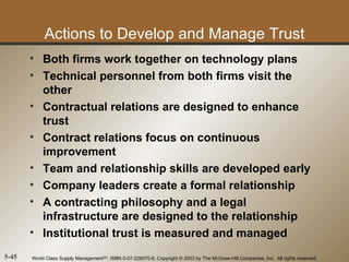 Actions to Develop and Manage Trust
       • Both firms work together on technology plans
       • Technical personnel from both firms visit the
         other
       • Contractual relations are designed to enhance
         trust
       • Contract relations focus on continuous
         improvement
       • Team and relationship skills are developed early
       • Company leaders create a formal relationship
       • A contracting philosophy and a legal
         infrastructure are designed to the relationship
       • Institutional trust is measured and managed
5-45   World Class Supply ManagementSM, ISBN 0-07-229070-6, Copyright © 2003 by The McGraw-Hill Companies, Inc. All rights reserved.
 