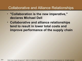 Collaborative and Alliance Relationships
      • "Collaboration is the new imperative,"
        declares Michael Dell
      • Collaborative and alliance relationships
        tend to result in lower total costs and
        improve performance of the supply chain




5-9   World Class Supply ManagementSM, ISBN 0-07-229070-6, Copyright © 2003 by The McGraw-Hill Companies, Inc. All rights reserved.
 