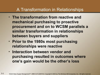 A Transformation in Relationships
      • The transformation from reactive and
        mechanical purchasing to proactive
        procurement and on to WCSM parallels a
        similar transformation in relationships
        between buyers and suppliers
      • Prior to the 1980s most purchasing
        relationships were reactive
      • Interaction between vendor and
        purchasing resulted in outcomes where
        one’s gain would be the other’s loss

5-1   World Class Supply ManagementSM, ISBN 0-07-229070-6, Copyright © 2003 by The McGraw-Hill Companies, Inc. All rights reserved.
 