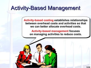 Activity-Based Management Activity-based costing   establishes relationships between overhead costs and activities so that we can better allocate overhead costs. Activity-based management   focuses  on managing activities to reduce costs.   