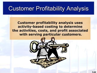 Customer Profitability Analysis Customer profitability analysis uses activity-based costing to determine the activities, costs, and profit associated  with serving particular customers. 