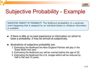 Subjective Probability - Example
 If there is little or no past experience or information on which to
base a probability, it may be arrived at subjectively.
 Illustrations of subjective probability are:
1. Estimating the likelihood the New England Patriots will play in the
Super Bowl next year.
2. Estimating the likelihood you will be married before the age of 30.
3. Estimating the likelihood the U.S. budget deficit will be reduced by
half in the next 10 years.
LO3
5-10
 