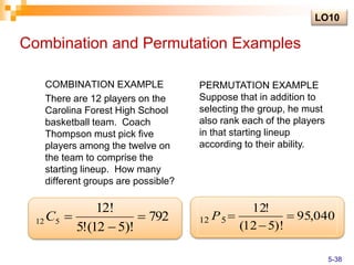 Combination and Permutation Examples
COMBINATION EXAMPLE
There are 12 players on the
Carolina Forest High School
basketball team. Coach
Thompson must pick five
players among the twelve on
the team to comprise the
starting lineup. How many
different groups are possible?
792
)!
5
12
(
!
5
!
12
5
12 


C
PERMUTATION EXAMPLE
Suppose that in addition to
selecting the group, he must
also rank each of the players
in that starting lineup
according to their ability.
040
,
95
)!
5
12
(
!
12
5
12 


P
LO10
5-38
 