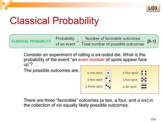 Classical Probability
Consider an experiment of rolling a six-sided die. What is the
probability of the event “an even number of spots appear face
up”?
The possible outcomes are:
There are three “favorable” outcomes (a two, a four, and a six) in
the collection of six equally likely possible outcomes.
LO3
5-6
 