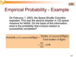 Empirical Probability - Example
On February 1, 2003, the Space Shuttle Columbia
exploded. This was the second disaster in 123 space
missions for NASA. On the basis of this information,
what is the probability that a future mission is
successfully completed?
98
.
0
123
121
flights
of
number
Total
flights
successful
of
Number
flight
successful
a
of
y
Probabilit



LO3
5-9
 