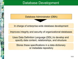 5-23
Database Development
Database Administrator (DBA)
In charge of enterprise-wide database development
Improves integrity and security of organizational databases
Uses Data Definition Language (DDL) to develop and
specify data content, relationships, and structure
Stores these specifications in a data dictionary
or metadata repository
 