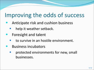 Improving the odds of success Anticipate risk and cushion business  help it weather setback. Foresight and talent  to survive in an hostile environment. Business incubators protected environments for new, small businesses. 