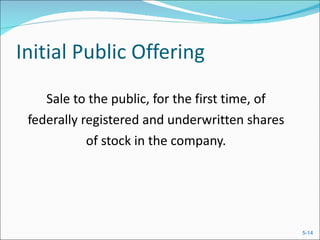 Initial Public Offering Sale to the public, for the first time, of federally registered and underwritten shares of stock in the company. 