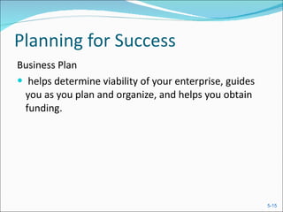 Planning for Success Business Plan  helps determine viability of your enterprise, guides you as you plan and organize, and helps you obtain funding. 