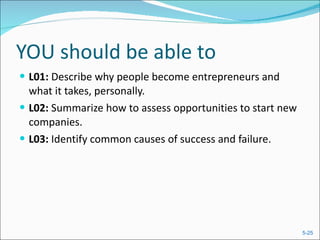 YOU should be able to L01:  Describe why people become entrepreneurs and what it takes, personally. L02:  Summarize how to assess opportunities to start new companies. L03:  Identify common causes of success and failure. 
