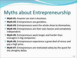 Myths about Entrepreneurship Myth #1:  Anyone can start a business. Myth #2:  Entrepreneurs are gamblers. Myth #3:  Entrepreneurs want the whole show to themselves. Myth #4:  Entrepreneurs are their own bosses and completely independent. Myth #5:  Entrepreneurs work longer and harder than managers in big companies. Myth #6:  Entrepreneurs experience a great deal of stress and pay a high price. Myth #7:  Entrepreneurs are motivated solely by the quest for the almighty dollar. 