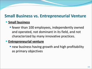Small Business vs. Entrepreneurial Venture Small business fewer than 100 employees, independently owned and operated, not dominant in its field, and not characterized by many innovative practices. Entrepreneurial venture new business having growth and high profitability as primary objectives 
