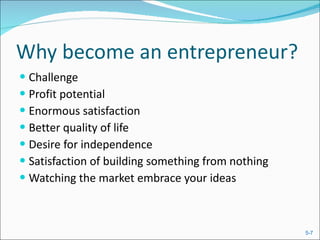Why become an entrepreneur? Challenge Profit potential Enormous satisfaction Better quality of life Desire for independence Satisfaction of building something from nothing Watching the market embrace your ideas 