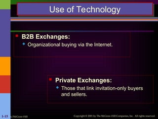 Irwin/McGraw-Hill Copyright © 2001 by The McGraw-Hill Companies, Inc. All rights reserved.
1-15
Use of Technology
 B2B Exchanges:
 Organizational buying via the Internet.
 Private Exchanges:
 Those that link invitation-only buyers
and sellers.
 
