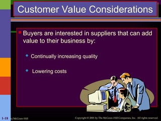 Irwin/McGraw-Hill Copyright © 2001 by The McGraw-Hill Companies, Inc. All rights reserved.
1-18
Customer Value Considerations
 Buyers are interested in suppliers that can add
value to their business by:
 Continually increasing quality
 Lowering costs
 