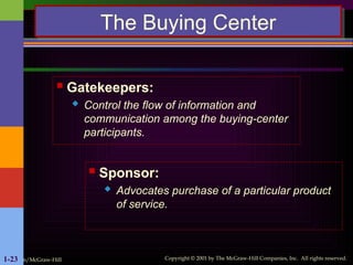 Irwin/McGraw-Hill Copyright © 2001 by The McGraw-Hill Companies, Inc. All rights reserved.
1-23
The Buying Center
 Gatekeepers:
 Control the flow of information and
communication among the buying-center
participants.
 Sponsor:
 Advocates purchase of a particular product
of service.
 