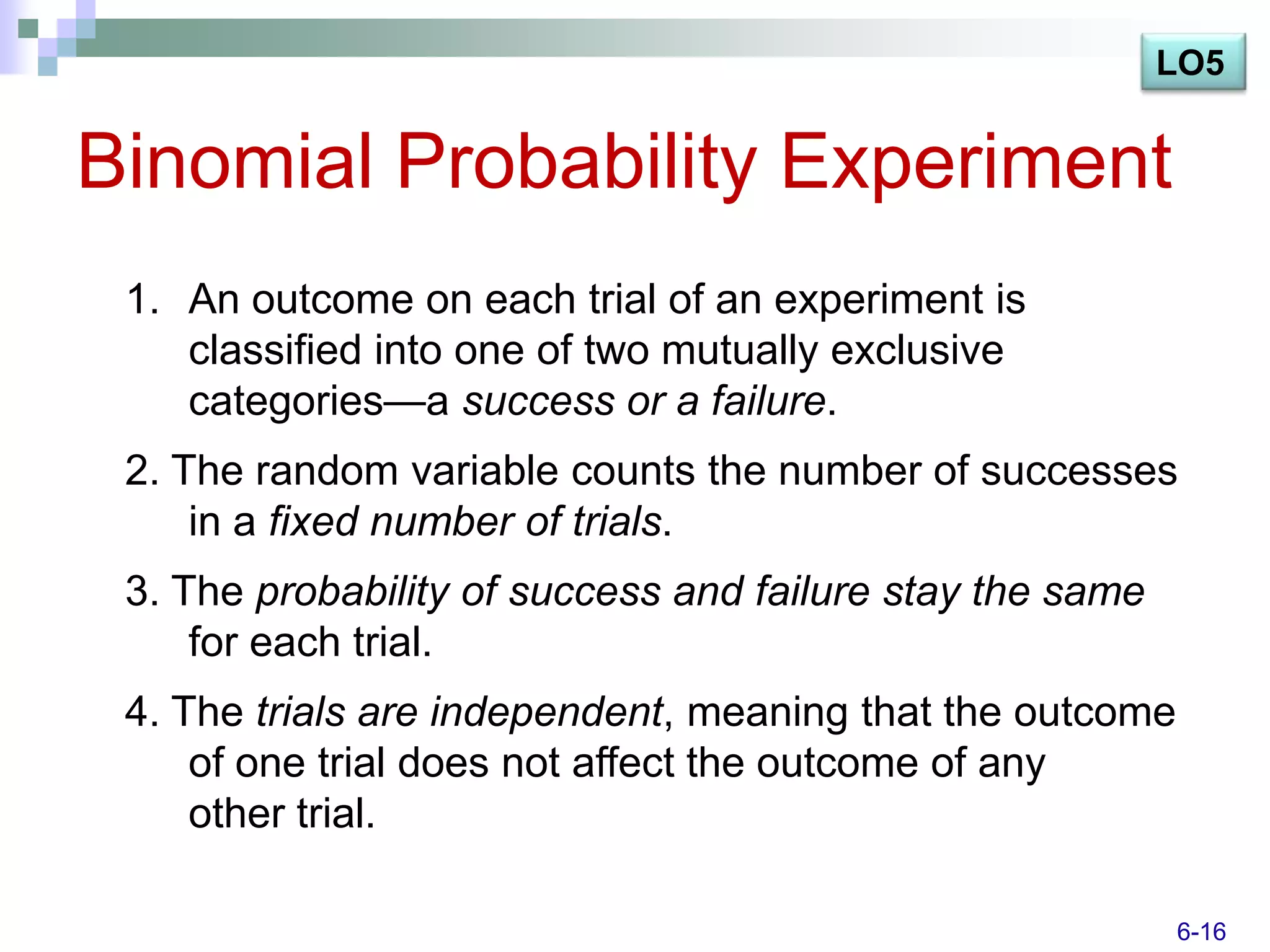 LO5


Binomial Probability Experiment
 1. An outcome on each trial of an experiment is
    classified into one of two mutually exclusive
    categories—a success or a failure.
 2. The random variable counts the number of successes
     in a fixed number of trials.
 3. The probability of success and failure stay the same
     for each trial.
 4. The trials are independent, meaning that the outcome
     of one trial does not affect the outcome of any
     other trial.

                                                           6-16
 
