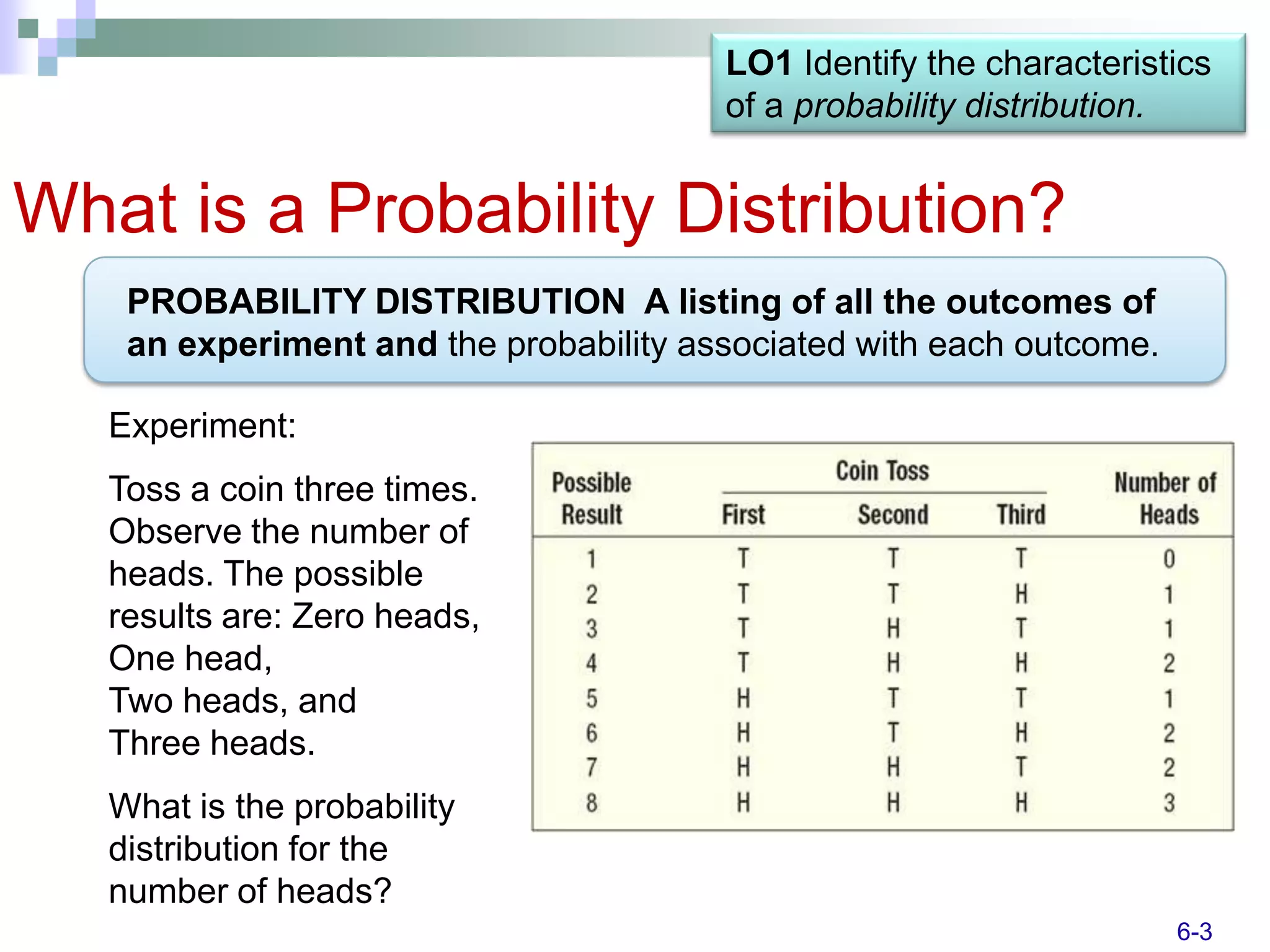 LO1 Identify the characteristics
                                        of a probability distribution.


What is a Probability Distribution?
    PROBABILITY DISTRIBUTION A listing of all the outcomes of
    an experiment and the probability associated with each outcome.

   Experiment:
   Toss a coin three times.
   Observe the number of
   heads. The possible
   results are: Zero heads,
   One head,
   Two heads, and
   Three heads.
   What is the probability
   distribution for the
   number of heads?
                                                                      6-3
 
