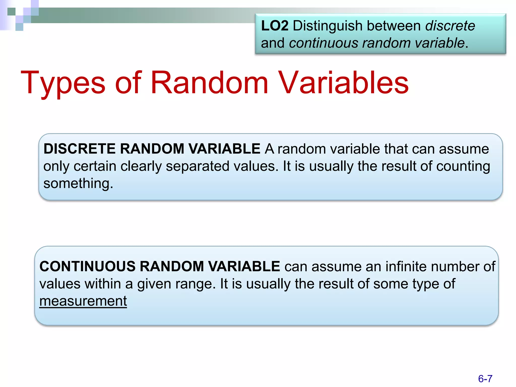 LO2 Distinguish between discrete
                                     and continuous random variable.


Types of Random Variables
 DISCRETE RANDOM VARIABLE A random variable that can assume
 only certain clearly separated values. It is usually the result of counting
 something.




 CONTINUOUS RANDOM VARIABLE can assume an infinite number of
 values within a given range. It is usually the result of some type of
 measurement




                                                                         6-7
 
