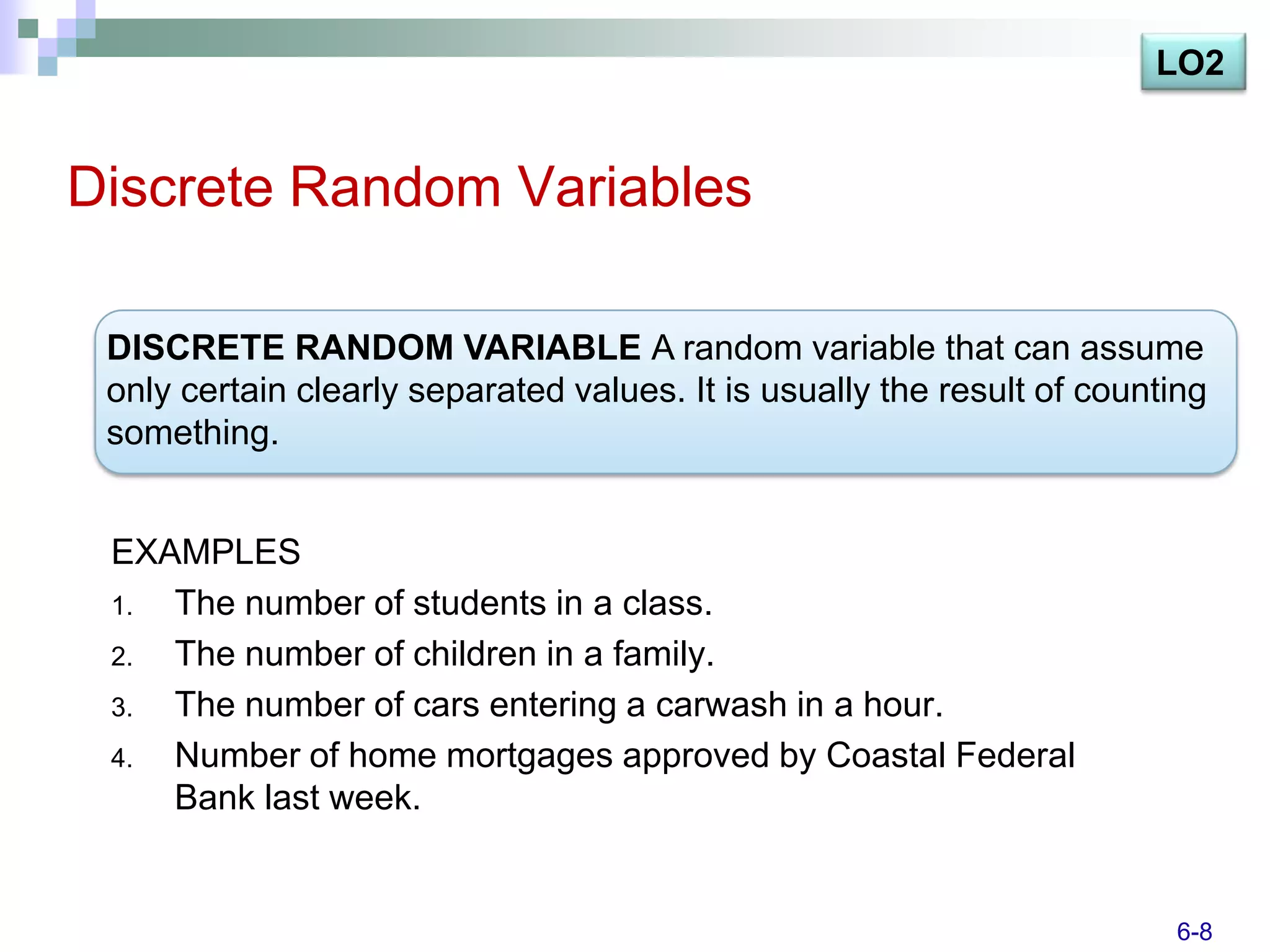 LO2


Discrete Random Variables

 DISCRETE RANDOM VARIABLE A random variable that can assume
 only certain clearly separated values. It is usually the result of counting
 something.


 EXAMPLES
 1. The number of students in a class.
 2. The number of children in a family.
 3. The number of cars entering a carwash in a hour.
 4. Number of home mortgages approved by Coastal Federal
    Bank last week.


                                                                         6-8
 