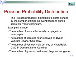 LO7



Poisson Probability Distribution
    The Poisson probability distribution is characterized
    by the number of times an event happens during
    some interval or continuum.
 Examples include:
 • The number of misspelled words per page in a
    newspaper.
 • The number of calls per hour received by Dyson
    Vacuum Cleaner Company.
 • The number of vehicles sold per day at Hyatt Buick
    GMC in Durham, North Carolina.
 • The number of goals scored in a college soccer game.
                                                            6-35
 