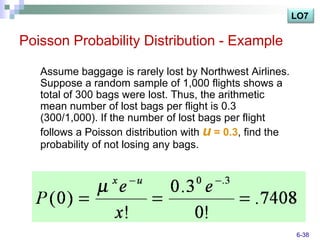 LO7

Poisson Probability Distribution - Example

   Assume baggage is rarely lost by Northwest Airlines.
   Suppose a random sample of 1,000 flights shows a
   total of 300 bags were lost. Thus, the arithmetic
   mean number of lost bags per flight is 0.3
   (300/1,000). If the number of lost bags per flight
   follows a Poisson distribution with u = 0.3, find the
   probability of not losing any bags.




                                                           6-38
 