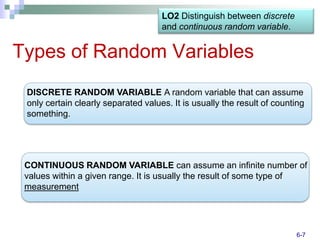 LO2 Distinguish between discrete
                                     and continuous random variable.


Types of Random Variables
 DISCRETE RANDOM VARIABLE A random variable that can assume
 only certain clearly separated values. It is usually the result of counting
 something.




 CONTINUOUS RANDOM VARIABLE can assume an infinite number of
 values within a given range. It is usually the result of some type of
 measurement




                                                                         6-7
 