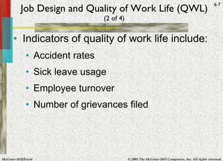 Job Design and Quality of Work Life (QWL) (2 of 4) Indicators of quality of work life include: Accident rates Sick leave usage Employee turnover Number of grievances filed 